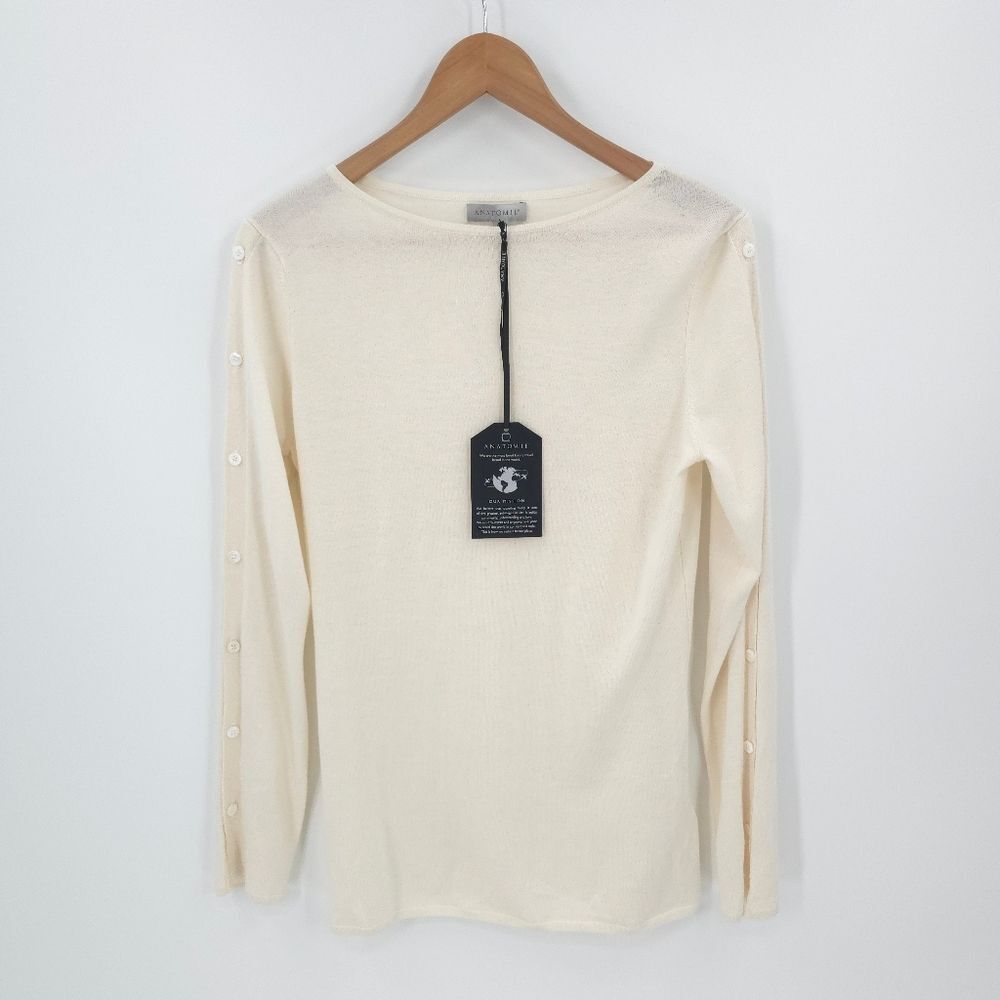 Anatomie Helena Wool Cashmere Silk Sweater Lightweight Button Detail On Sleeve